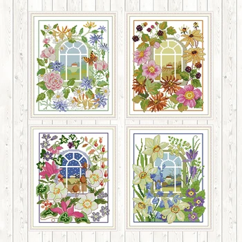 

Four Seasons Style Painting Embroidery Cross Stitch Kit 14CT 11CT Flowers Patterns DIY Needlework Print Canvas DMC Cotton Thread