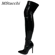 MStacchi/пикантные женские Яркие Кожаные Сапоги выше колена; женские вечерние туфли с острым носком на высоком тонком каблуке; женские высокие сапоги до бедра