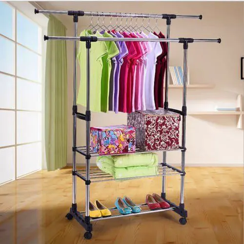  Portable Dual Bars Adjustable Double Pole Clothes Coat Garment Dryer Rack Rail Hanging Hanger Shoe 