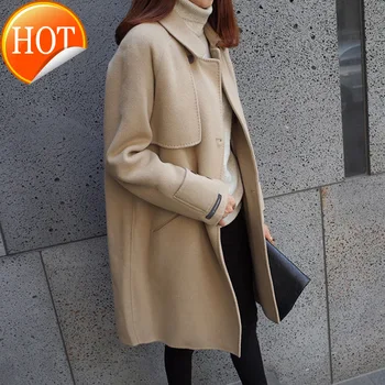 

Woolen Loose Long Office Lady Winter Coats Double Breasted Wool Coat and Jacket Turn-down Collar Ladies Coats