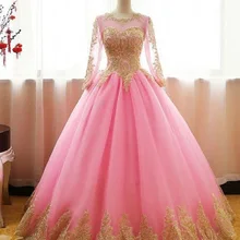 Розовое Бальное платье Бальные платья сладкий 16 платье с длинным рукавом золотой длиной до пола с аппликацией корсет сзади vestidos de quinceavienera