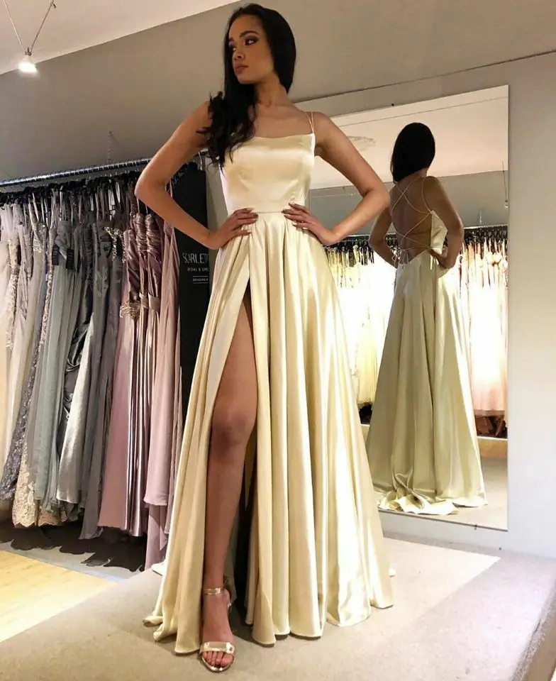 

Sexy Halter Satin Long Side Slit Evening Dresses with Pockets Floor Length Criss Cross Back Red Formal Party Dress for Women