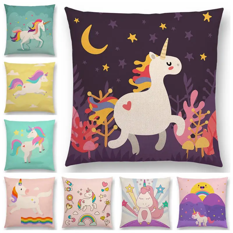 

Super Cute Cartoon Unicorn Lucky Fetish Rainbow Sky Moon Sun Stars Clouds Flowers Cushion Cover Decorative Pillow Case