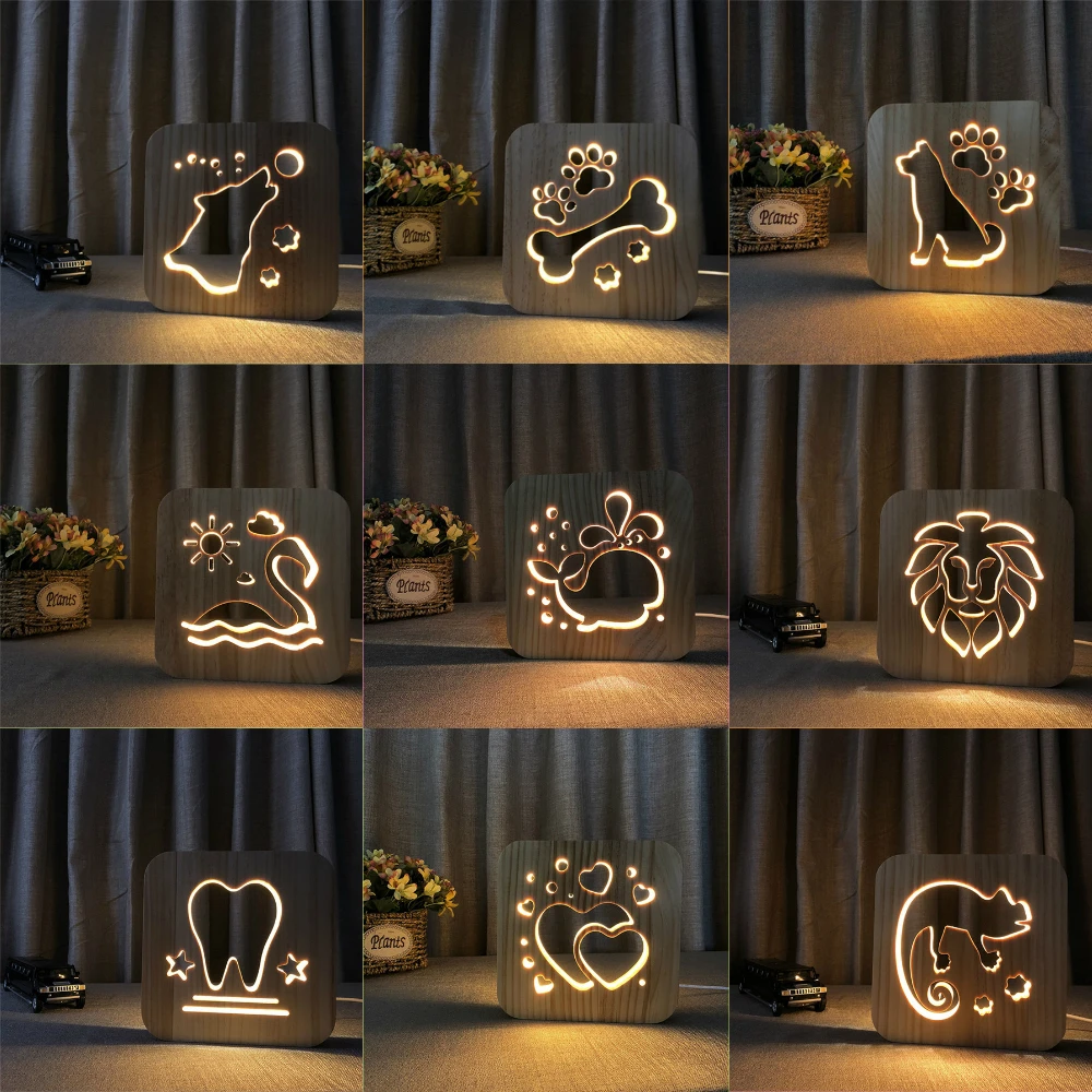 Wooden 3D Decor Lamp Light Kids Bedroom Decoration Warm LED USB Night for Children Birthday Holiday Gift Drop Ship | Лампы и освещение