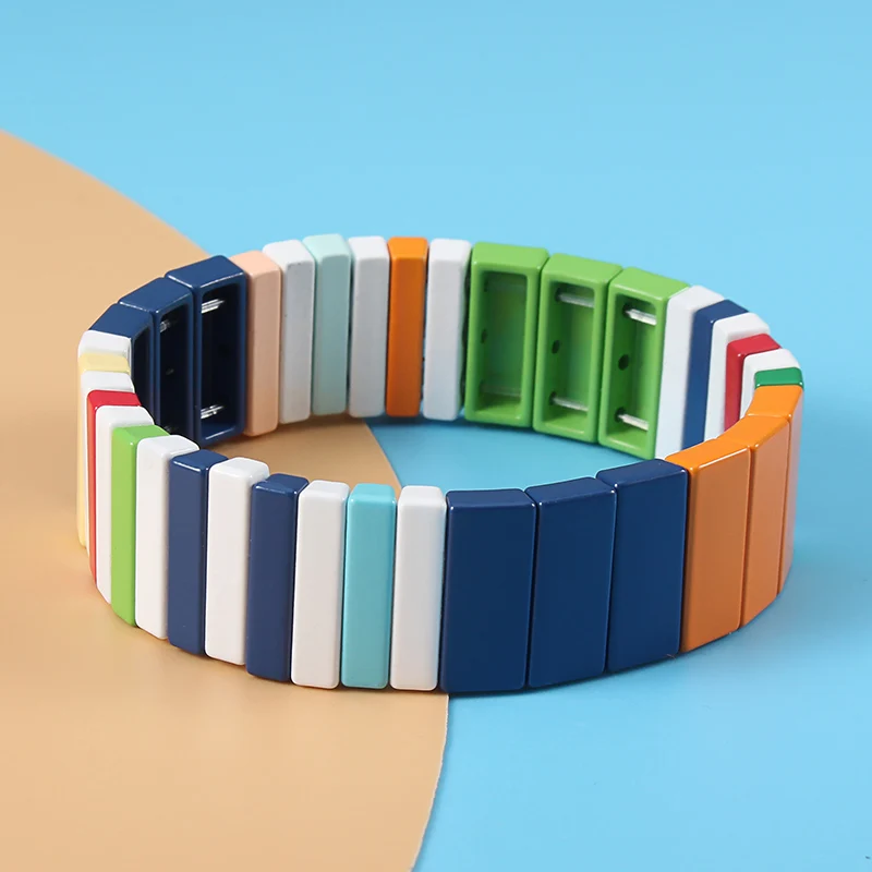 Rainbow Enamel Stretch Bead Wrap Bracelet Tile Rainbow Stackable