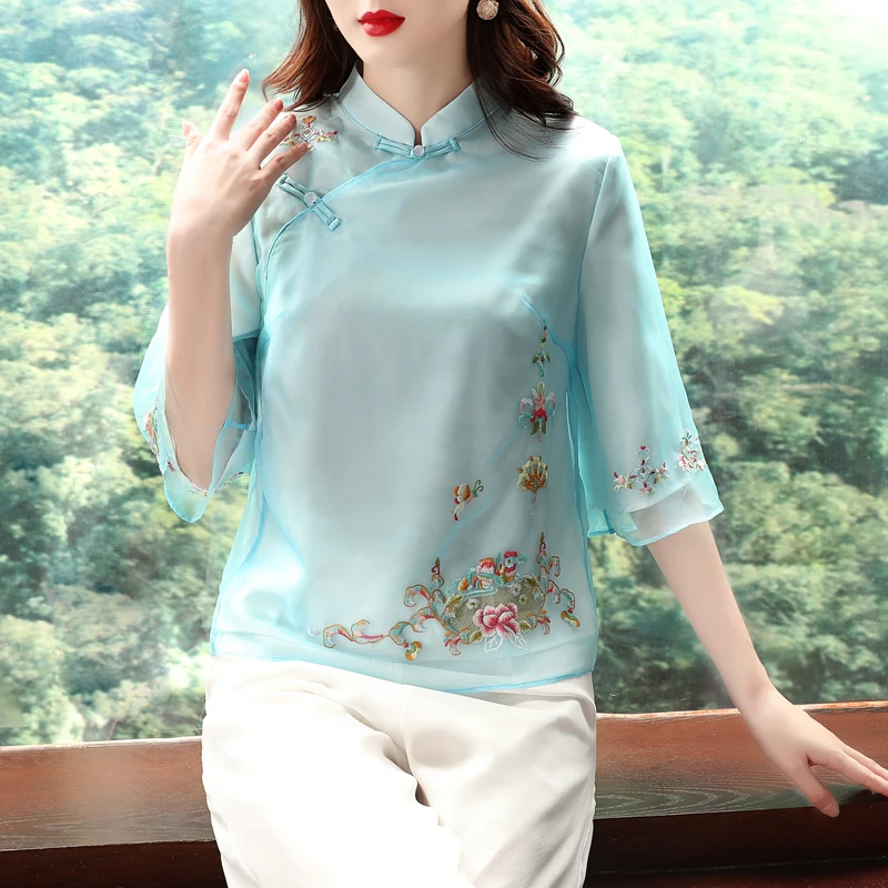 Летний китайский стиль женская синяя вышивка 3/4 рукав Cheongsam блузка Топ, женские топы и блузки Chipao рубашка - Цвет: blue