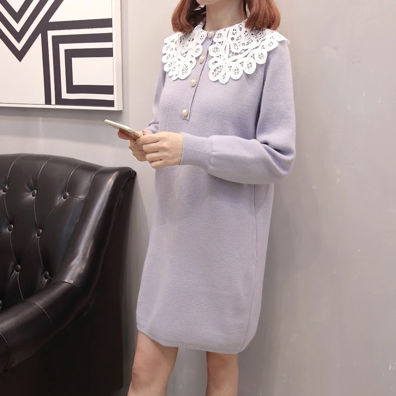 Purple blue XL-XXXL размера плюс женское вязаное платье зима милое кружевное вязанное крючком воротник Питер Пэн пэчворк длинный рукав теплый свитер платья - Цвет: Purple blue