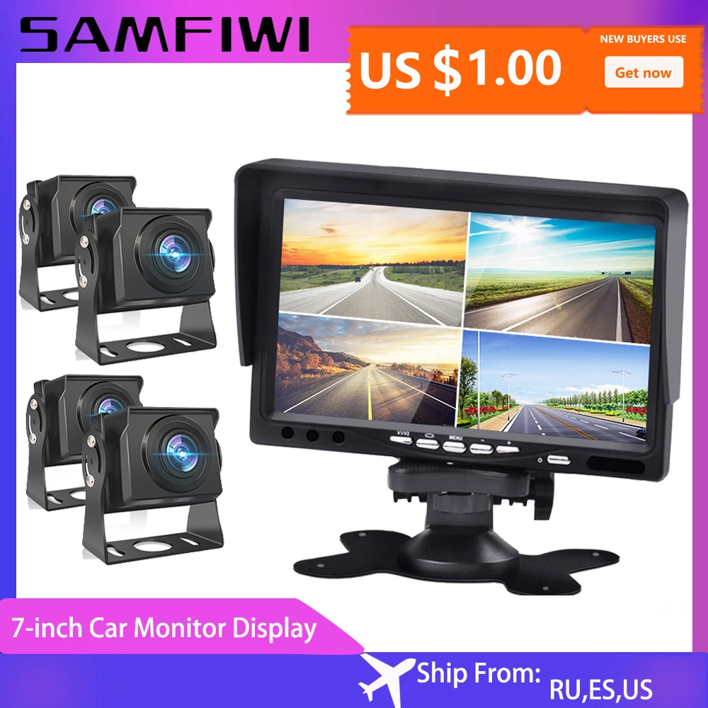 AHD 7" LCD 4 Split Car Video Monitor 4CH For Front Rear Side View Back