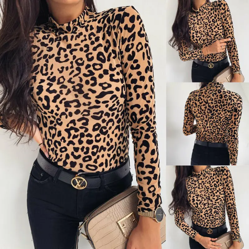 Women Blouses Fashion Leopard Print Turtle Neck Blouse Autumn Long Sleeve Shirts Party Ladies Clothes Womens Blouses And Tops