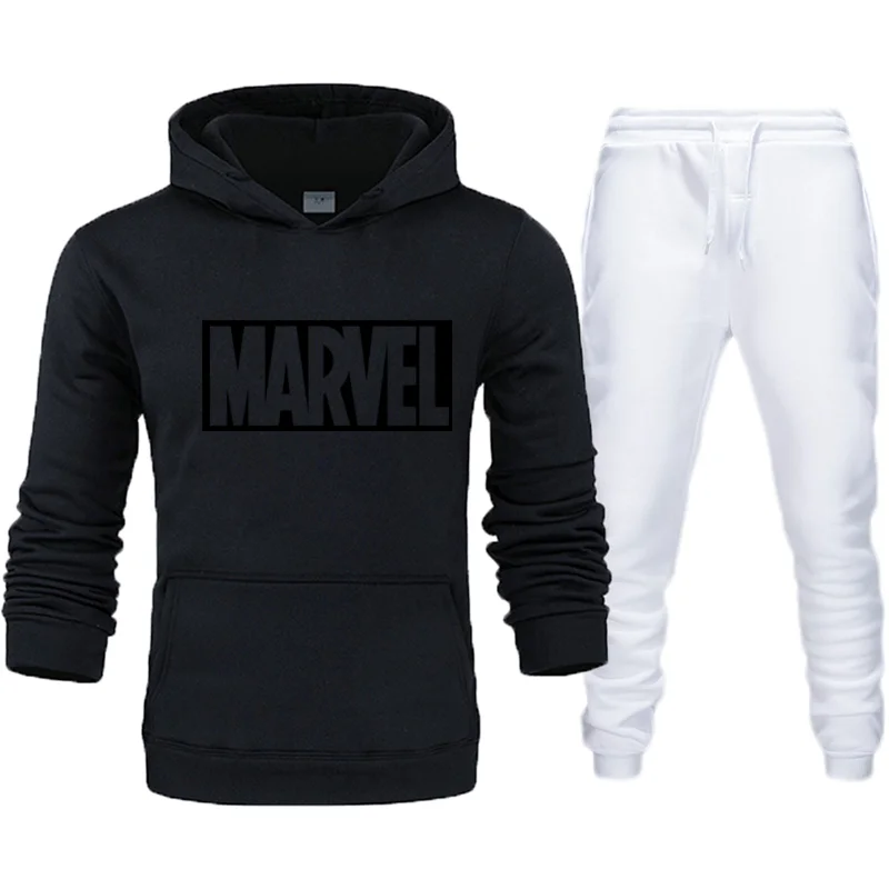 Простой модный мужской костюм с принтом Marvel, спортивный костюм, мужской спортивный костюм, флисовая плотная толстовка с капюшоном+ штаны, спортивный костюм, Азиатский размер