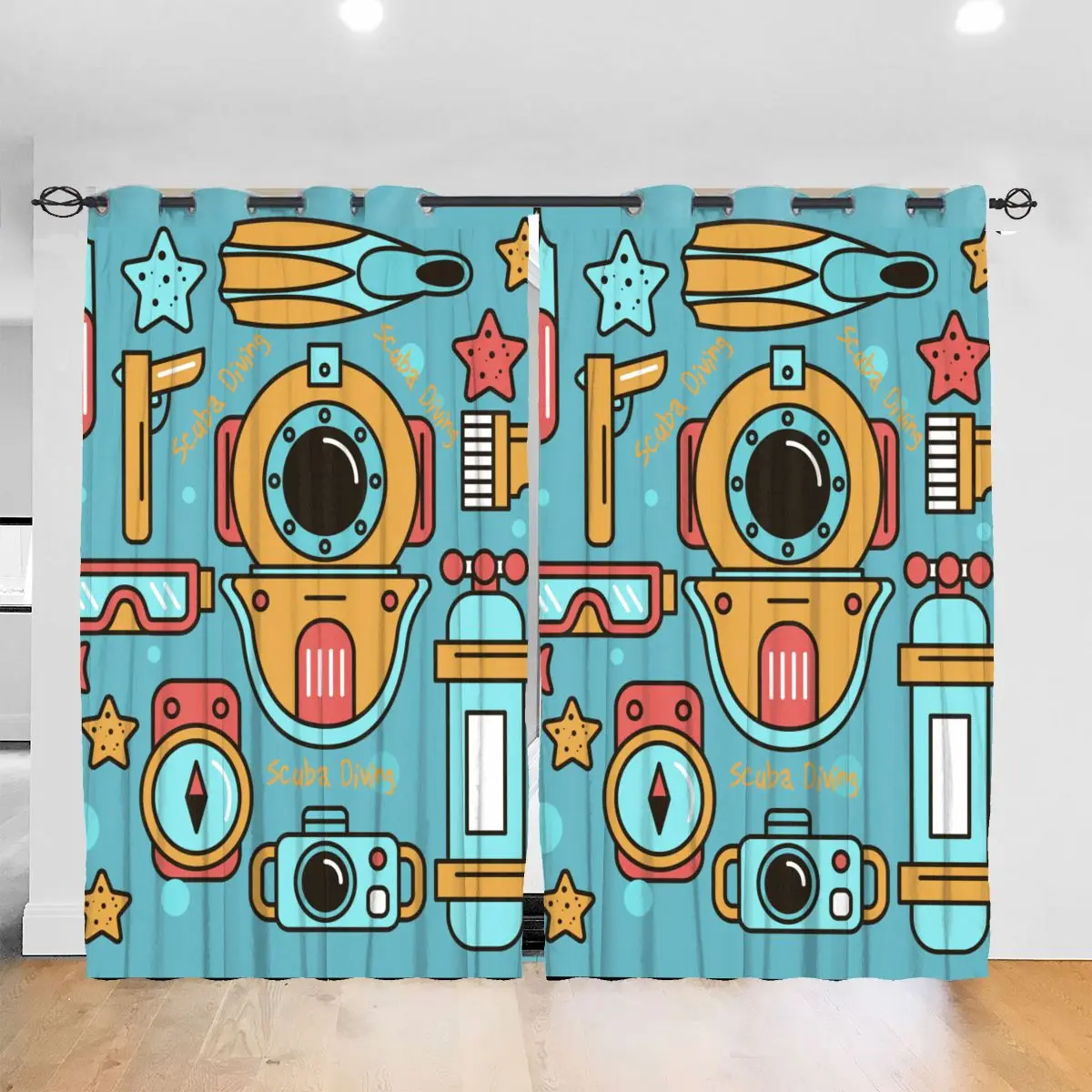 

Living Room Sun Block Curtain Scuba Deep Sea Diving Snorkeling Diver Light Shading Bedroom Blackout Window Curtains 52x72In