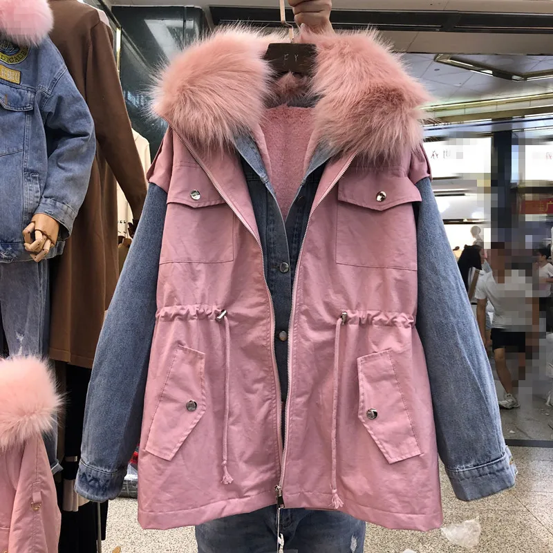 Джинсовая парка женское уличное пальто женские зимние длинные пальто новые большие волосы воротник утолщенная Рабочая куртка съемная внутренняя ветровка