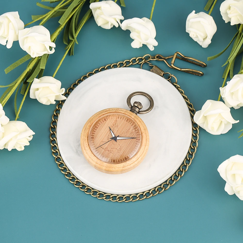 Retro Bamboo Large Pocket Watch For Men Unique Eagle Pattern Dial Bronze Chain Wooden Pendant Watch 2