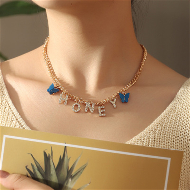 Butterfly Rhinestone BABY HONEY ANGEL Letter Pendant Necklace For Women Short Trend New Boho Jewelry Gift