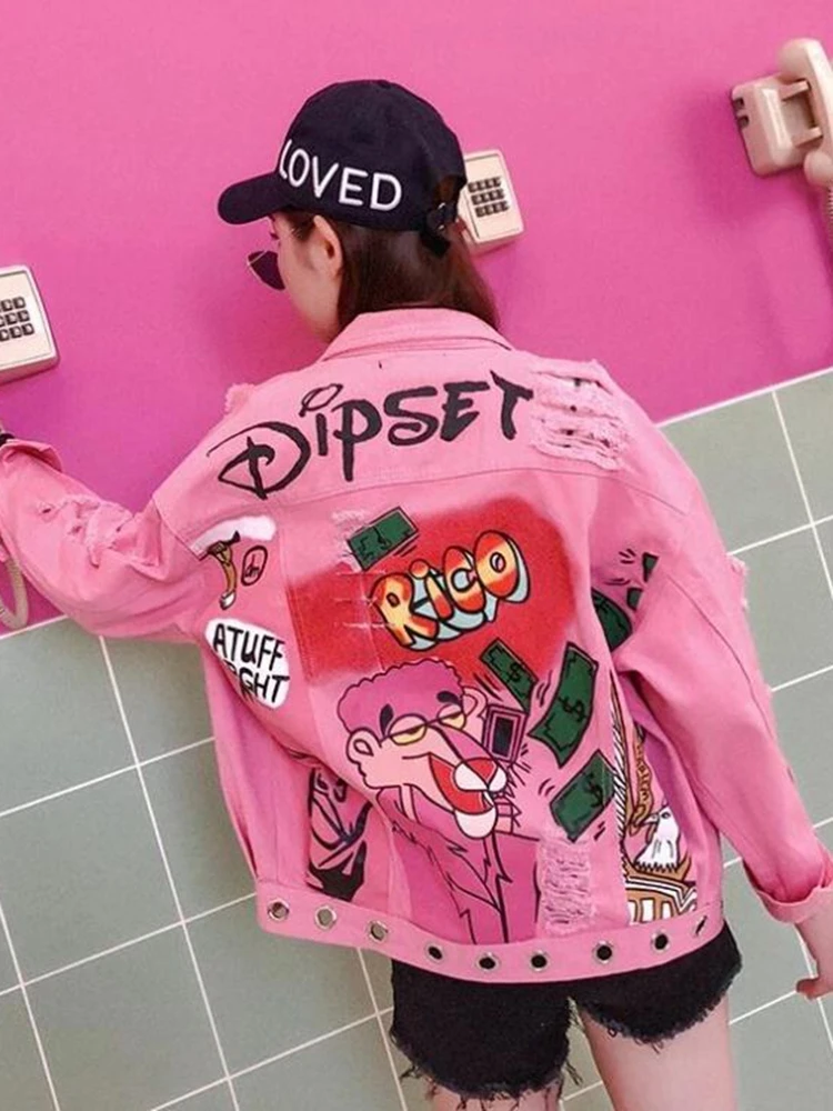 Harajuku розовая/желтая джинсовая куртка для женщин граффити рваные джинсы с дырками