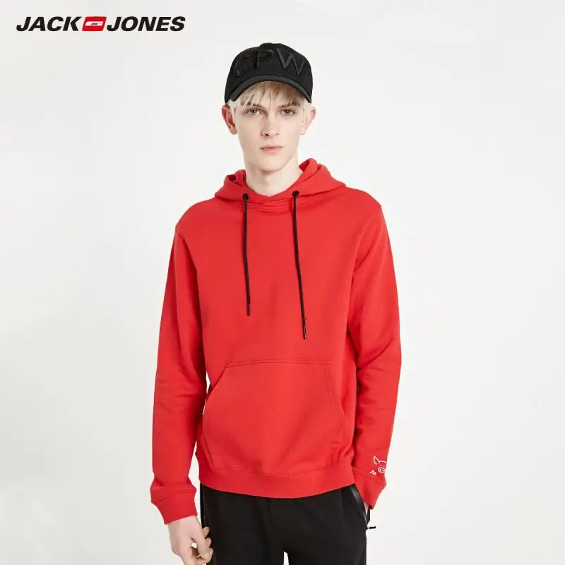 JackJones Men's Loose Fit Red Embroidered Hoodie basic| 219133525 JackJones Men's Loose Fit Red Embroidered Hoodie basic| 219133525