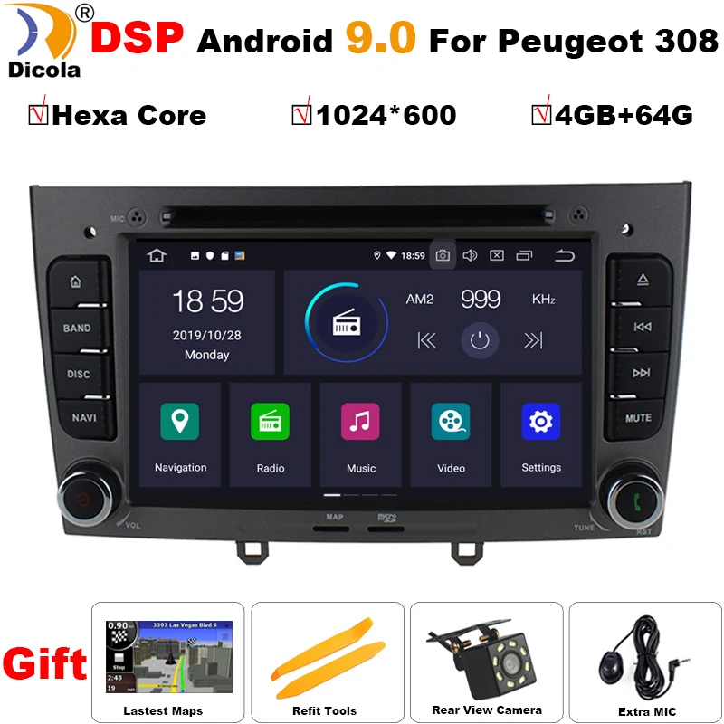 PX6 Hexa Core DSP 4G+64G Android 9 car dvd multimedia player for PEUGEOT 308 2007-2013,408 2011-2014 GPS radio WIFI BT head unit