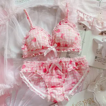 

Japanese Lolita Cute Lingerie Strawberry Print Bra & Panties Bras Briefs Underwear Set Women Bra and Panty Set Ultra Thin Bra