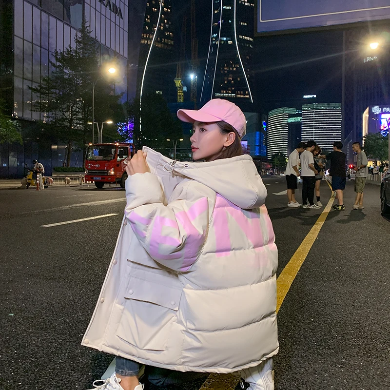

Women Coat Winter Warm Casual Loose Short Hooded Parkas Cotton Padded Down Cotton Letter Print Female Big Pocket Jackets