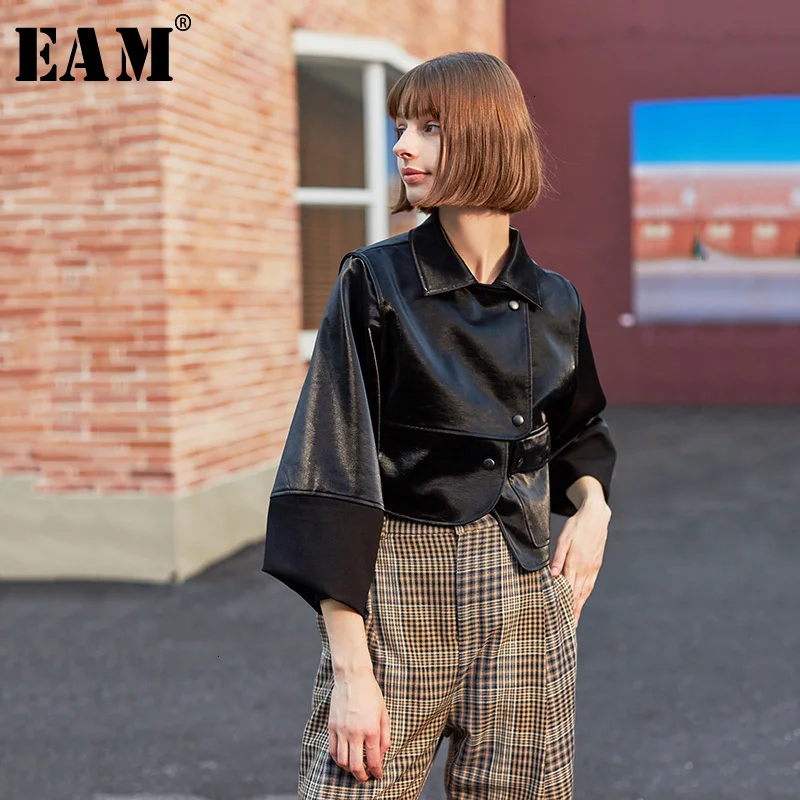 buy  [EAM] Loose Fit Black Asymmetrical Pu Leather Jacket New Lapel Long Sleeve Women Coat Fashion Tide 