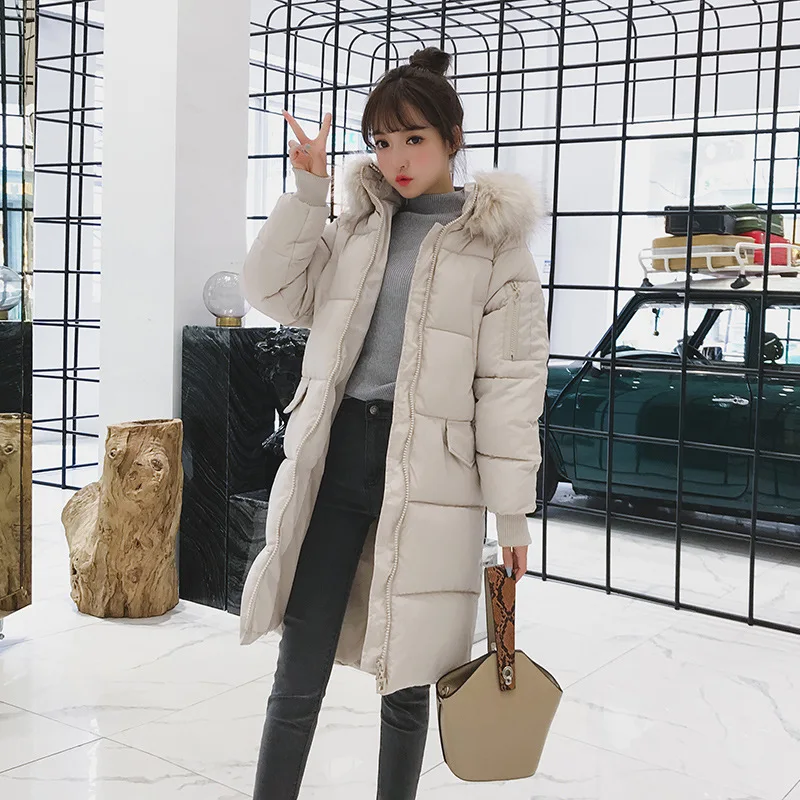 

2019 Winter New Style Korean-style WOMEN'S Wear Long Fashion Thick Hooded Fur Collar Cotton Coat Versatile Students Cotton Overc
