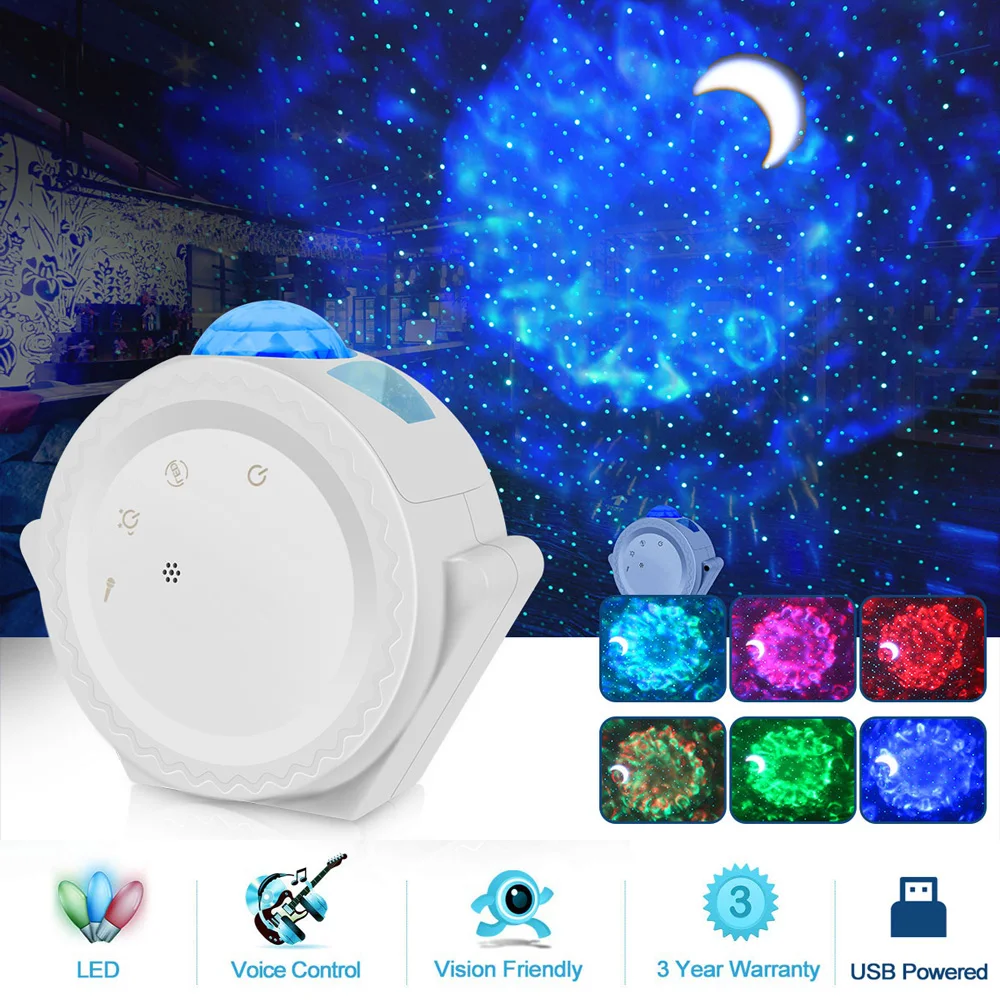 

Starry Sky Projector Lamp Nebula Cloud Night Light 6 Colors Ocean Waving Lights Voice Control Rotation Projection Lamp for Kids