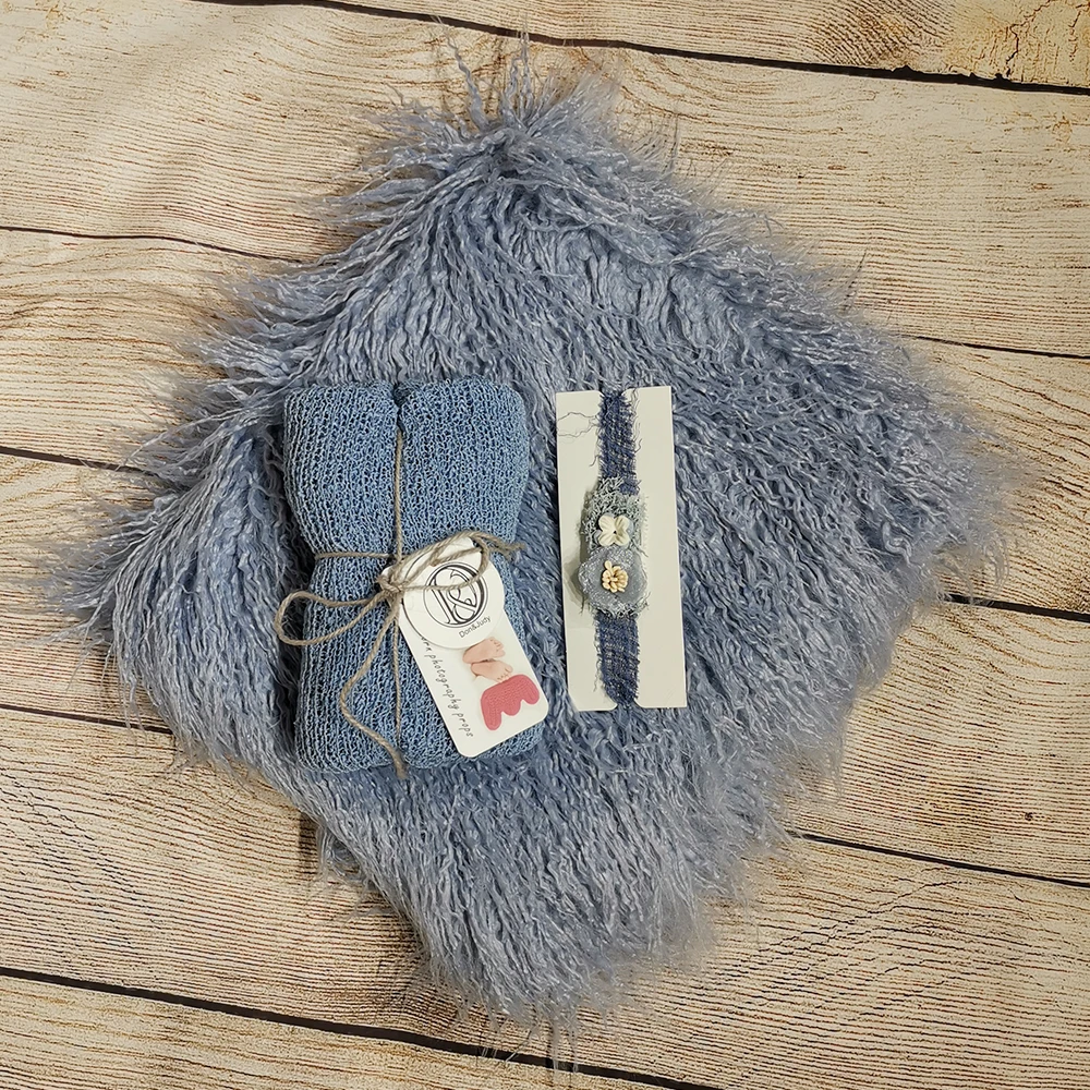 A Set 75*50cm Mongolia Faux Fur Blanket +140*30cm Stretch Knit Wrap+ Cotton Headband for Newborn Photography Props Baby Shoot | Мать и