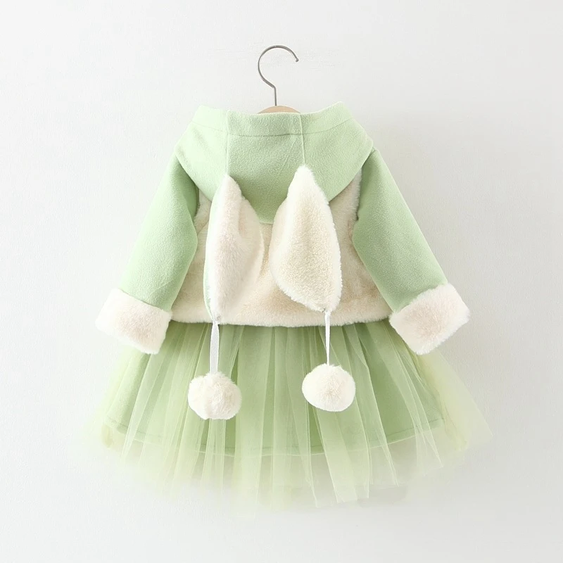 Теплый зимний комплект одежды принцессы для маленьких девочек, вельветовое платье с капюшоном и ушками+ жилет из искусственного меха комплект из 2 предметов, S9961 - Цвет: Green