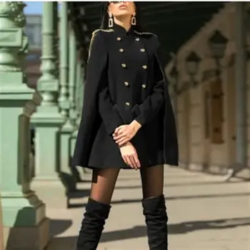 

2019 Fashion Women Autumn Elegant Button Cloak Coat Batwing Mid Stand Collar Poncho Spliced Long Sleeve Capes Jacket