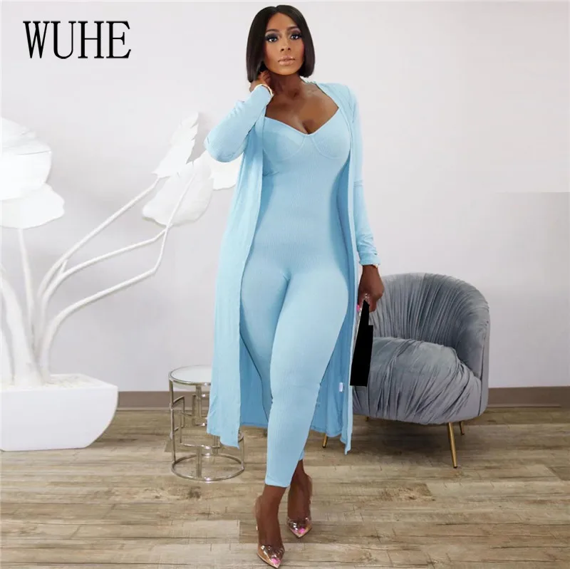 

WUHE Ribbed Knitted Autumn Winter Women Matching Sets Long Sleeve Long Cloak Coats and Jumpsuit Two Piece Set Outfits Tracksuit