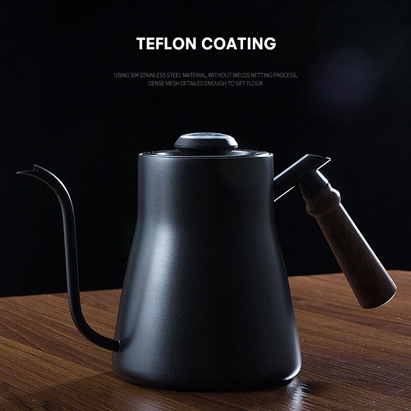 

Drip Kettle 850ML Coffee Tea Pot Stainless Steel Teflon Coffee Drip Kettle with Creative Thermometer with wooden handle