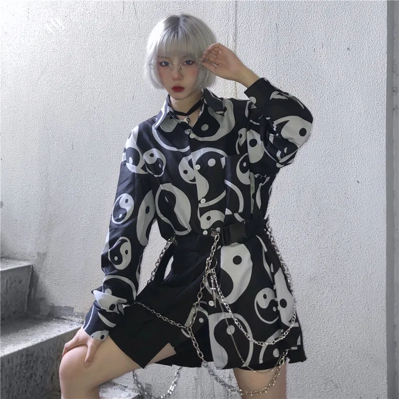 

Lychee Girls Japan Style Tai Chi Gossip Print Women Blouse Autumn Color Block Lady Blouse Turn Down Collar Loose Women Shirt