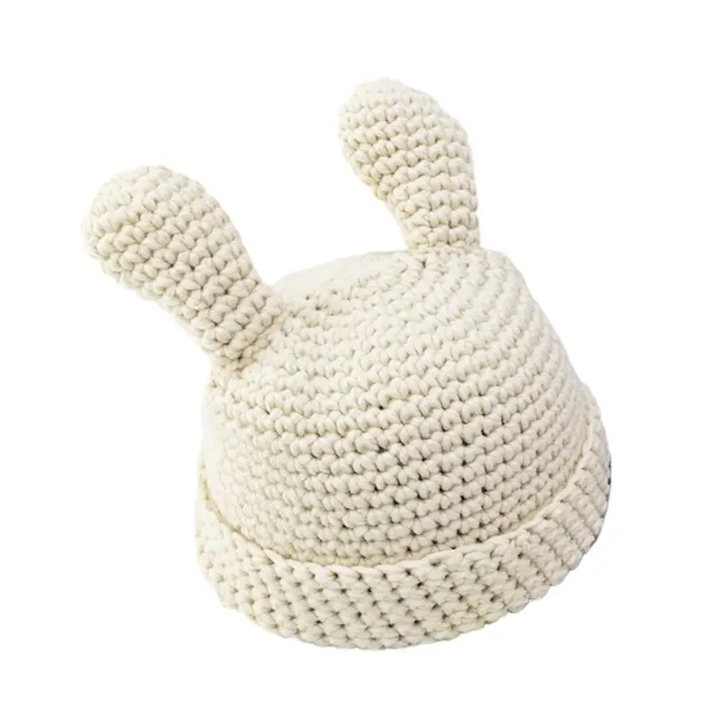Women Girls Chunky Crochet Knit Beanie Cap Solid Color 3D Rabbit Ears Bonnet Hat