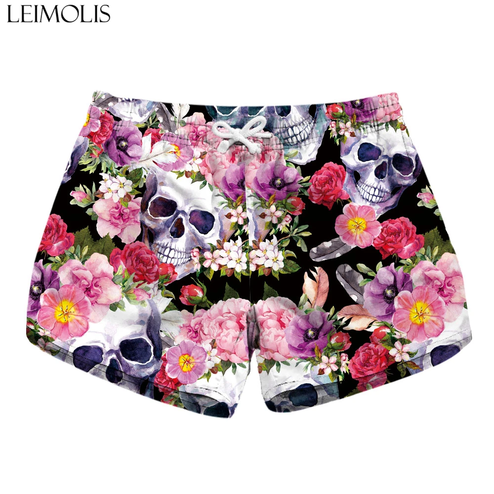 LEIMOLIS Flower Skull Black Gothic Print Summer Sexy Ladies Casual Bohemian Streetwear High Waist Shorts Women