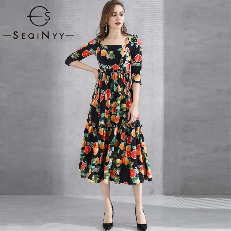 

SEQINYY Sicily Style Dress Grapefruit Flowers Print Ruffles 2020 Summer Spring New Fashion Design Women Half Sleeve A-line Midi