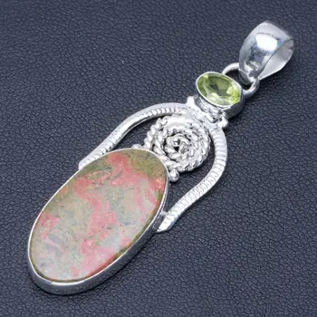 

Natural Green Unakite and Peridot Punk Style 925 Sterling Silver Pendant 2 1/4" Q0759