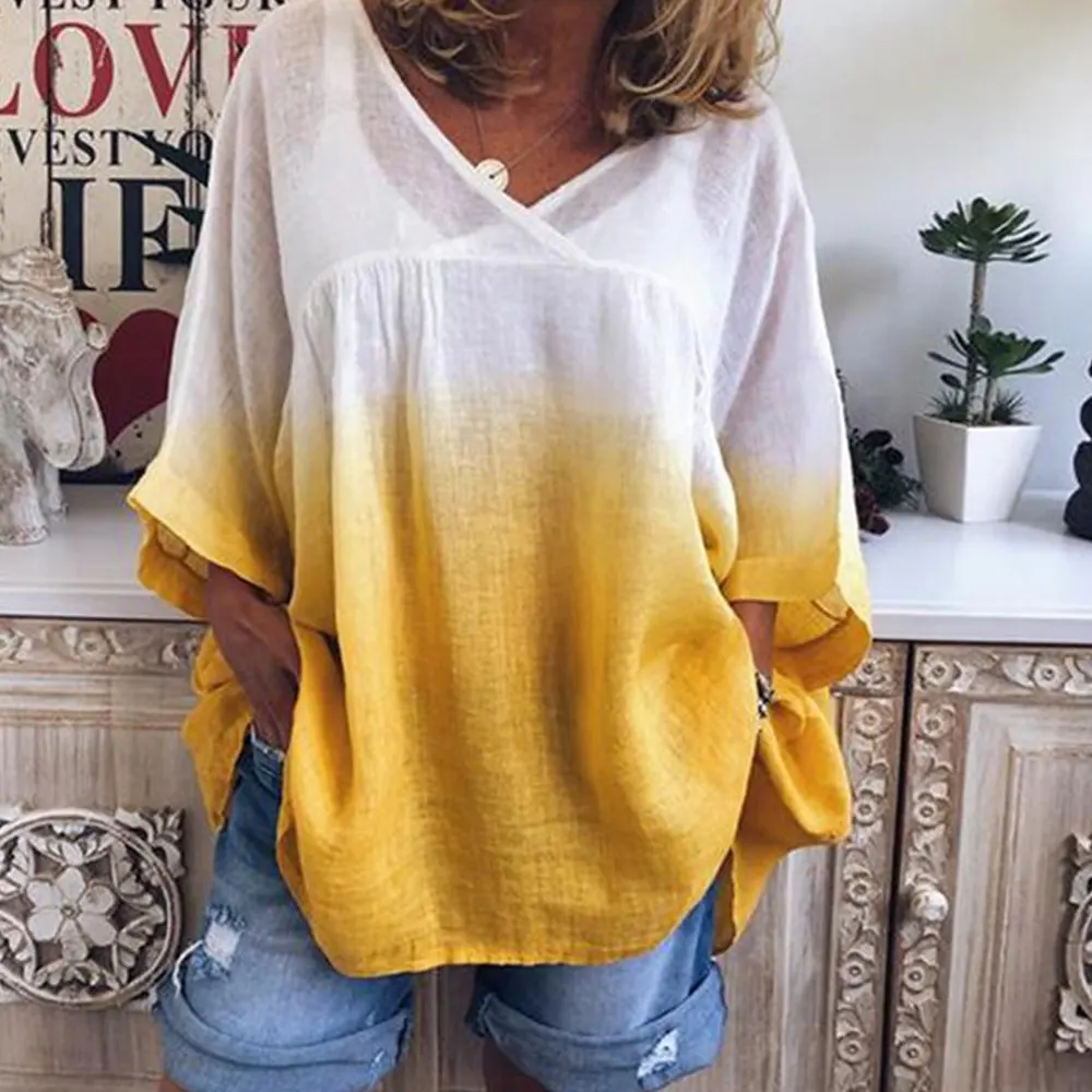 

LASPERAL Women Causal Tops And Blouses Ladies Gradient Color V-Neck Bat Sleeve Short Sleeve Shirt Plus Size blusas mujer de moda