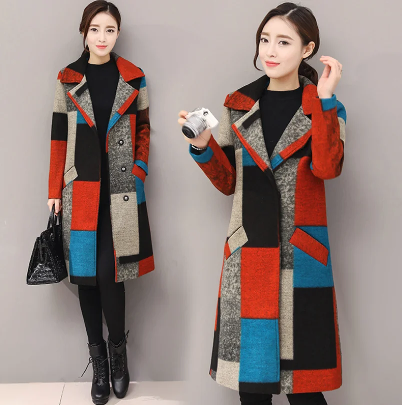 

winter women's Parker jacket color plaid long-sleeved large size Slim woolen coat long suit collar woolen women's trench coat OL