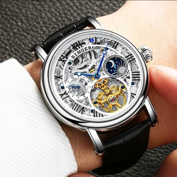 

BINGER Brand Luxury Retro Style Moon Phase Automatic Mechanical Watch Leather Strap Skeleton Tourbillon Watches erkek kol saati