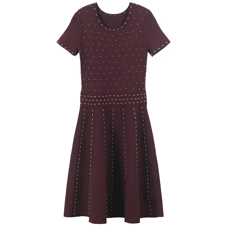 Женское платье, украшенное бисером, вязаное, Vestido, летнее, элегантное, облегающее, вечерние, платье, Femme, тонкий, короткий рукав, пуловеры, для офиса, леди