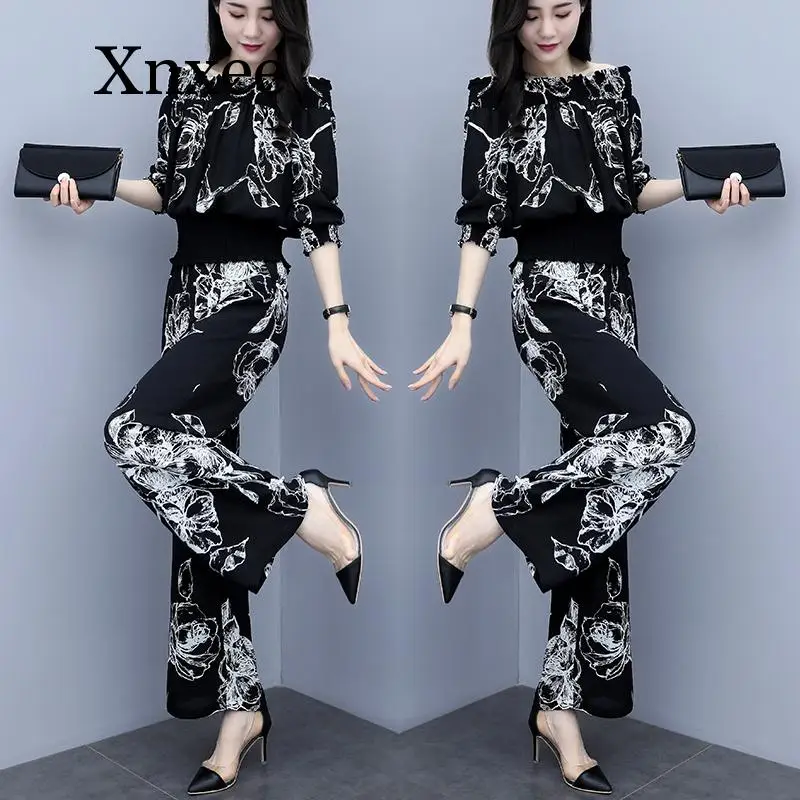 set Top and Wide Leg Full Pants Floral Print Elegant Vintage Summer Women Sets Three Quarter Sleeve Elastic Slash Neck Women