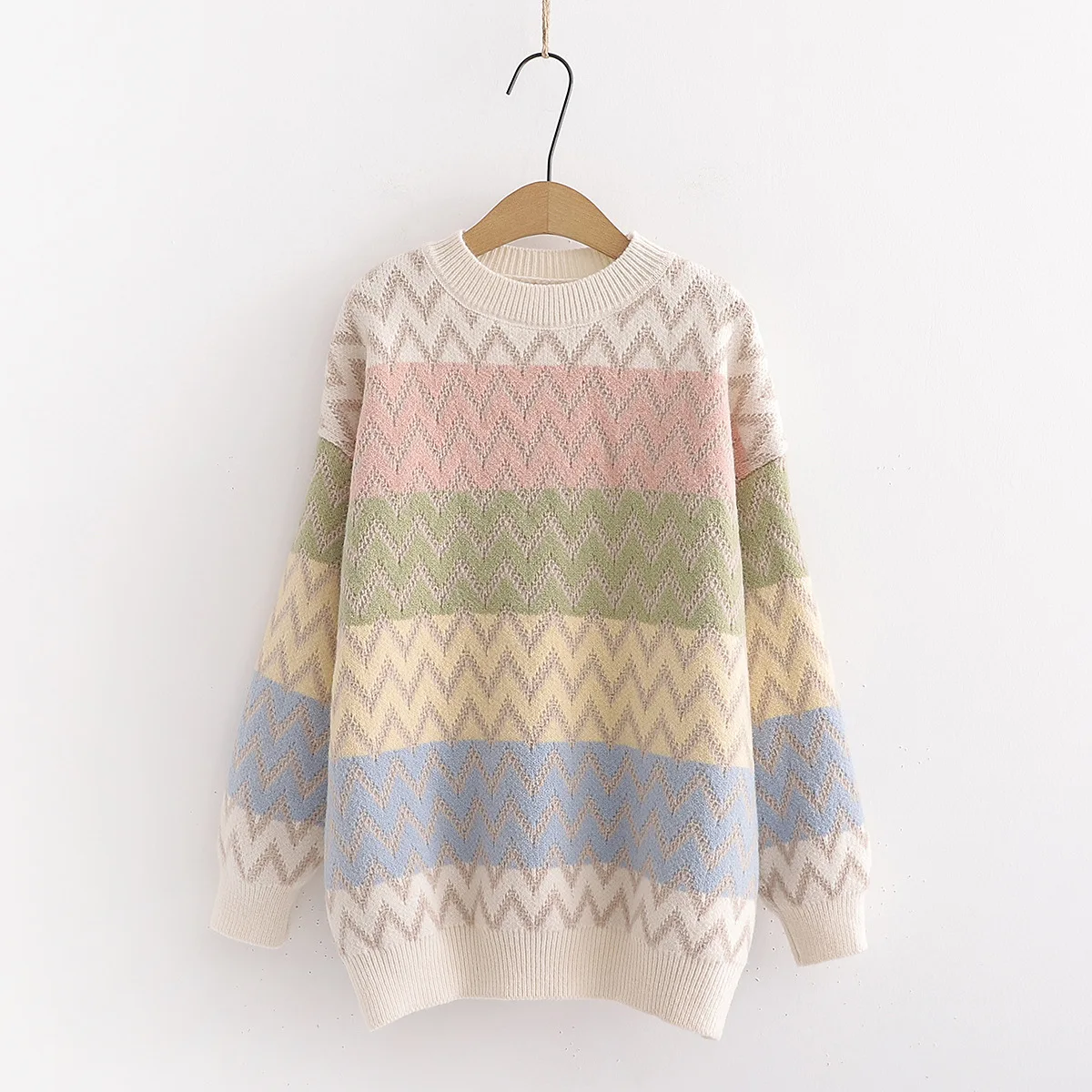 

Wavy Stripes Sweater Women's Versatile Contrast Color Retro Geometry Knit Loose-Fit Mixed Colors Cotton Knitwear Base WOMEN'S Dr