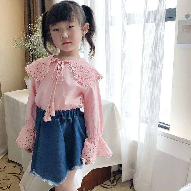 

Childrenswear 2019 Autumn New Style Solid Color Girls Long Sleeve Shirt Base Shirt Children Fold-down Collar Tops