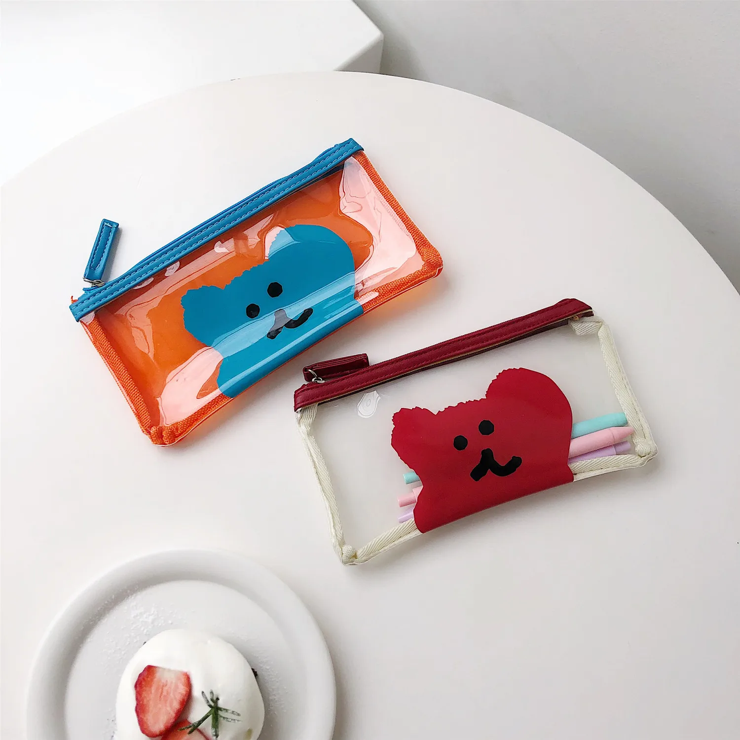 

SIXONE Ins Cartoon Little Bear Color Collision PVC Zipper Pencil Case Transparent Korea Student Kawaii Stationery Storage Bag