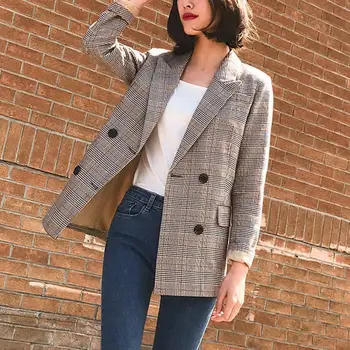 

Plaid Suit Jacket Women's Loose Winter Check Print Lapel Double-breasted Pocket Casual Warm Blazers Jacket