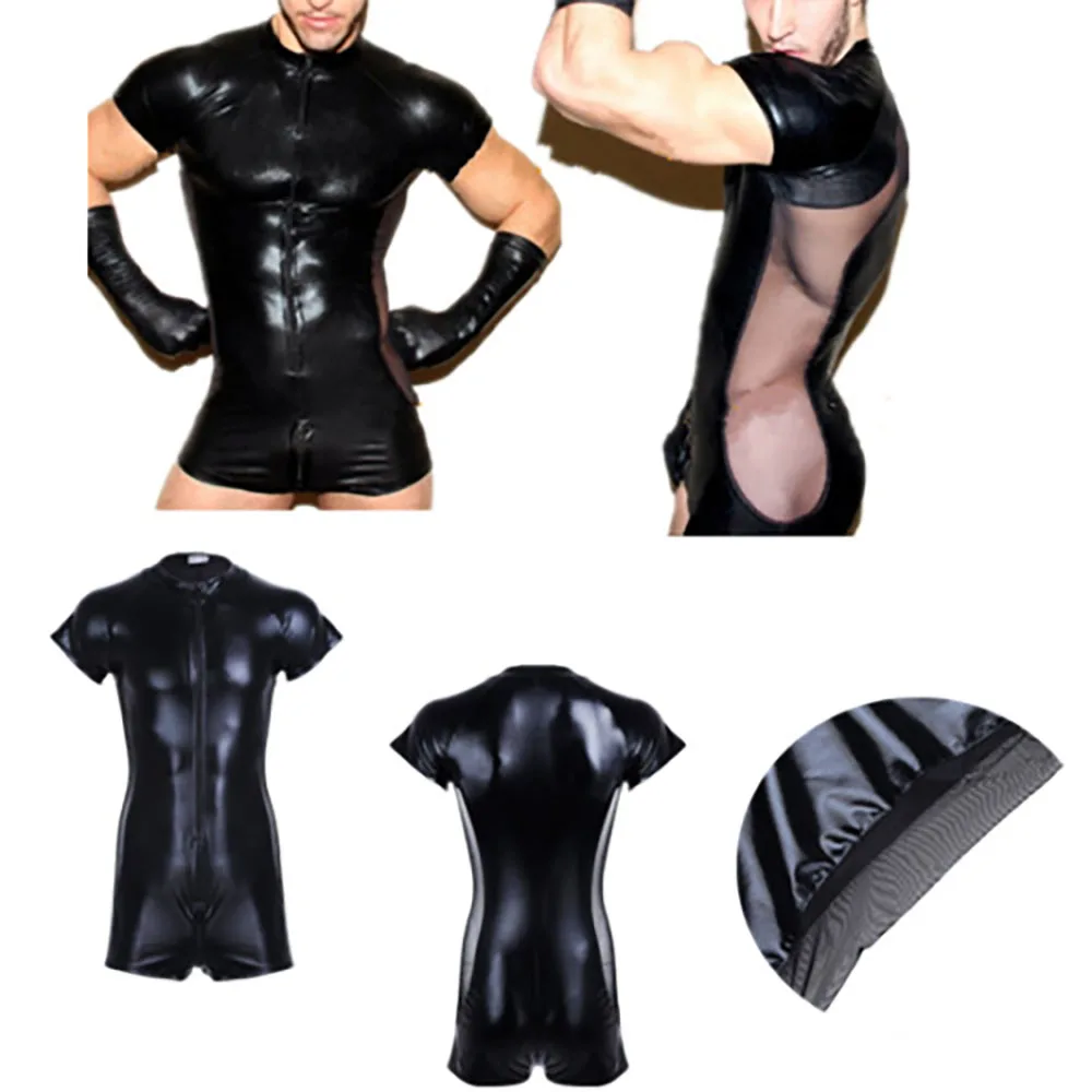 Faux Leather Mesh Jumpsuits Wetlook Latex Catsuit Black Stretch PVC Bodysuits Men Open Crotch Lingerie Body Suit Sexy Clubwear |