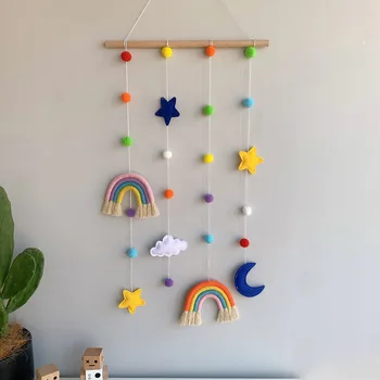

Ins Kids Room Decoration Handmade Weaving Rainbow Wall Hanging Ornaments with Felt Ball Home Decor Wooden Stick Tassel Pendant