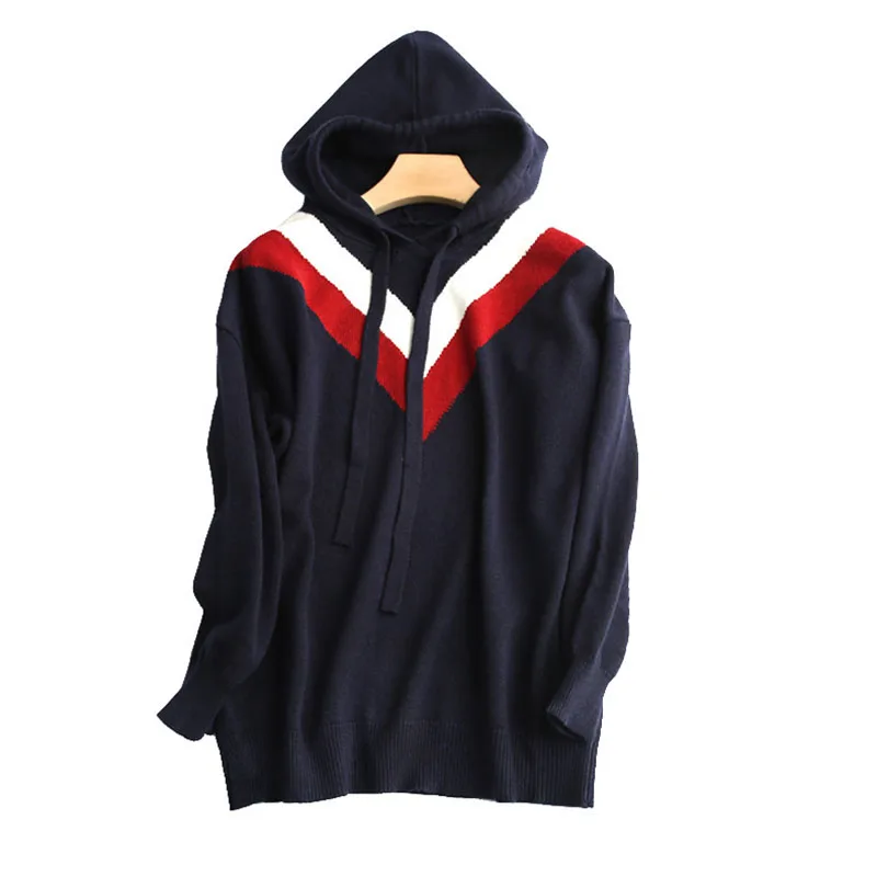 

New Sweater Women Spring Fashion Korean Version Geometric Pattern Hooded Sweater Short Loose Hood Wool Sweater
