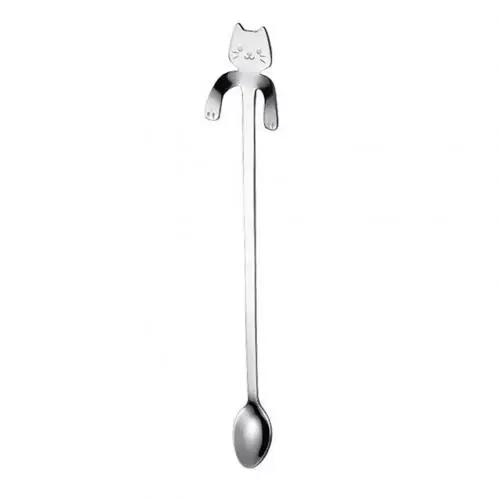 Silver Long Платье с принтом кошечек мультфильмов ложка с длинной ручкой, столовые приборы Кофейная, из нержавеющей стали для питья чашки аксессуары для ванной комнаты совки Кофе ложка - Цвет: Silver Long