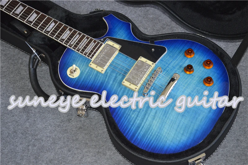 Suneye Хромовая электрогитара синего цвета с левой рукой Гитара на заказ с черным чехлом